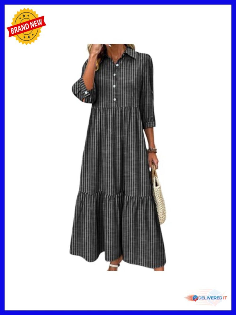 Striped Tiered Maxi Shirt Dress 3/4 Sleeve Collared Button Down Casual